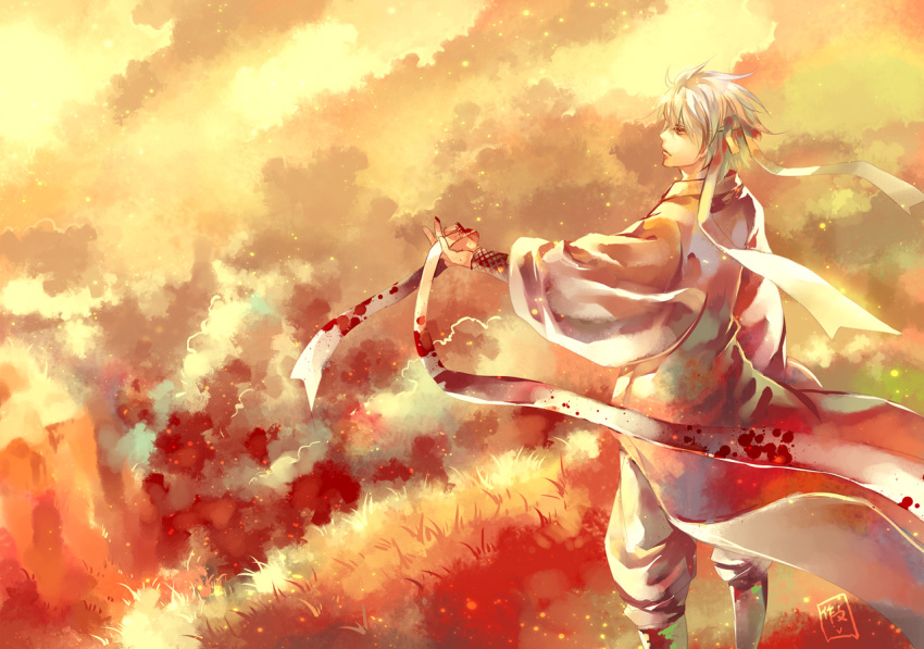 blood gintama headband japanese_clothes joui red_eyes sakata_gintoki silver_hair solo white_hair zuowen