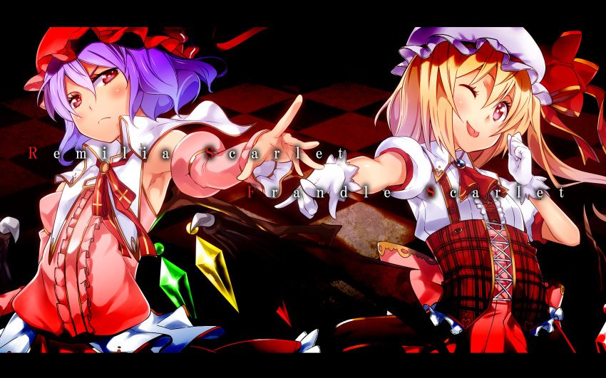 ;p alternate_costume armpits bat_wings blodn_hair blonde_hair blush character_name checkered checkered_floor detached_sleeves flandre_scarlet gloves hat highres letterboxed long_hair multiple_girls outstretched_arm purple_hair red_eyes remilia_scarlet short_hair side_ponytail tongue touhou white_gloves wings wink yuuzii