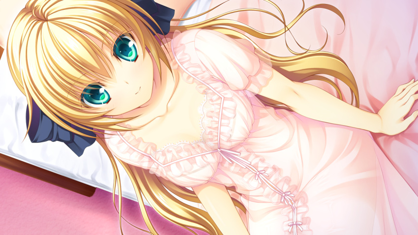 1girl asami_asami bed blonde_hair breasts character_request collarbone dress game_cg green_eyes hair_ribbon long_hair looking_at_viewer no_bra no_panties nopan re:birth_colony re:birth_colony_-lost_azurite- ribbon see-through see_through serruria_celestite sitting smile solo