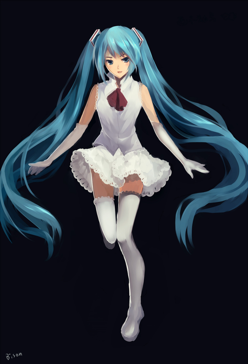 aqua_eyes aqua_hair bisonbison black_background boots elbow_gloves gloves hatsune_miku highres long_hair simple_background solo thigh-highs thigh_boots thigh_gap thighhighs twintails very_long_hair vocaloid