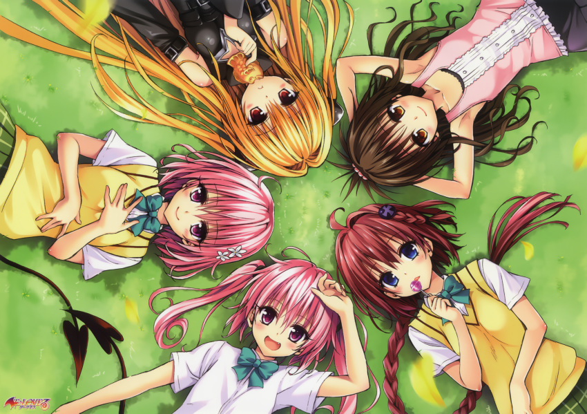 blonde_hair blue_eyes blush brown_eyes brown_hair fang food golden_darkness kurosaki_mea long_hair momo_velia_deviluke nana_asta_deviluke pink_eyes pink_hair ponytail red_eyes scan seifuku short_hair tail taiyaki to_love_ru to_love_ru_darkness twintails yabuki_kentarou yuuki_mikan