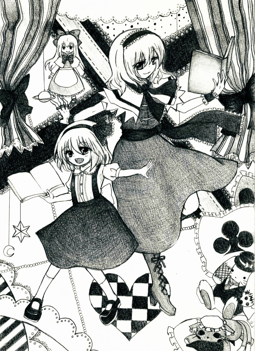 2girls alice_margatroid alice_margatroid_(pc-98) apron book boots bow capelet checkered clubs crescent cross-laced_footwear curtains doll dress graphite_(medium) hair_bow hair_ornament hair_ribbon hairband heart jewelry kneehighs lace-up_boots mary_janes mochinya21 monochrome moon multiple_girls open_mouth planet ribbon ring sash saturn shanghai_doll shoes short_hair skirt smile star stuffed_animal stuffed_toy suspenders touhou touhou_(pc-98) toy traditional_media wrist_cuffs