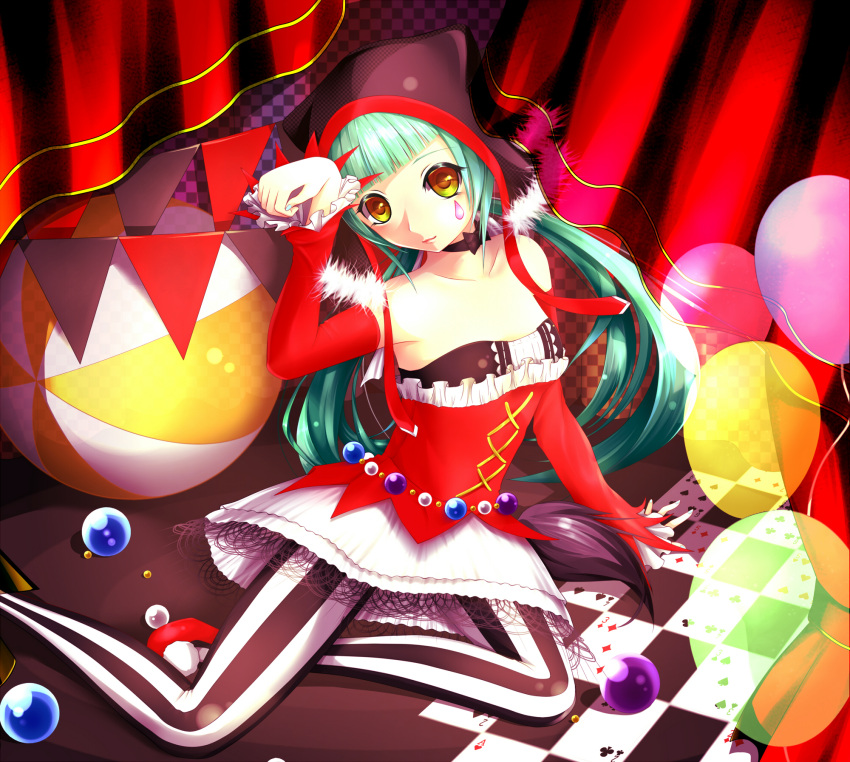 arkcide bad_id ball balloon cat_food_(vocaloid) checkered checkered_floor choker green_hair hatsune_miku highres looking_at_viewer pantyhose project_diva project_diva_f sitting solo twintails vertical-striped_legwear vertical_stripes vocaloid yellow_eyes