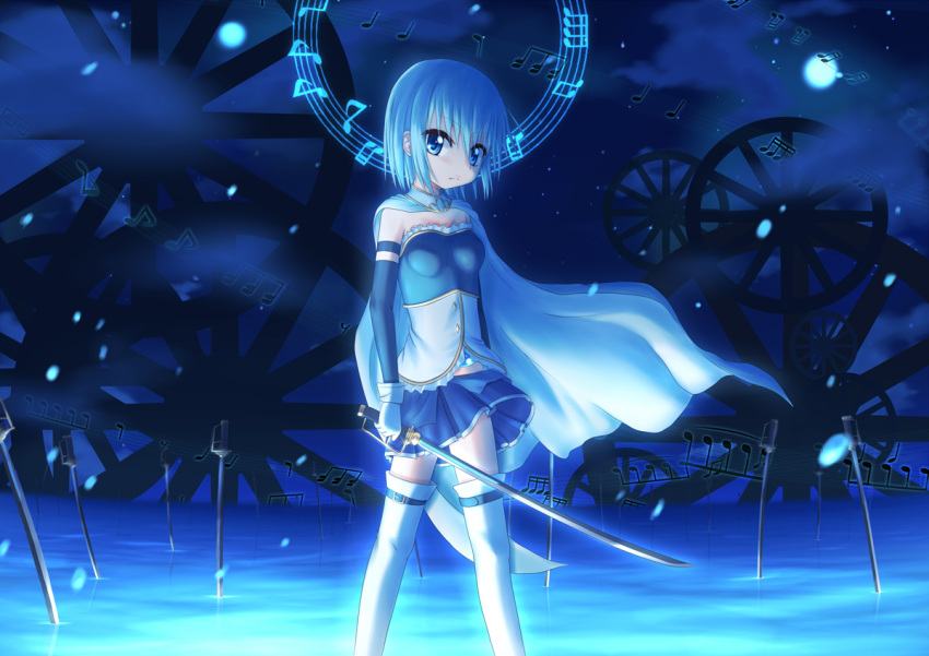 1girl archer blue blue_eyes blue_hair cape fate/stay_night fate_(series) magical_girl mahou_shoujo_madoka_magica miki_sayaka musical_note parody short_hair solo sword takuya_kame thigh-highs thighhighs unlimited_blade_works weapon wheel