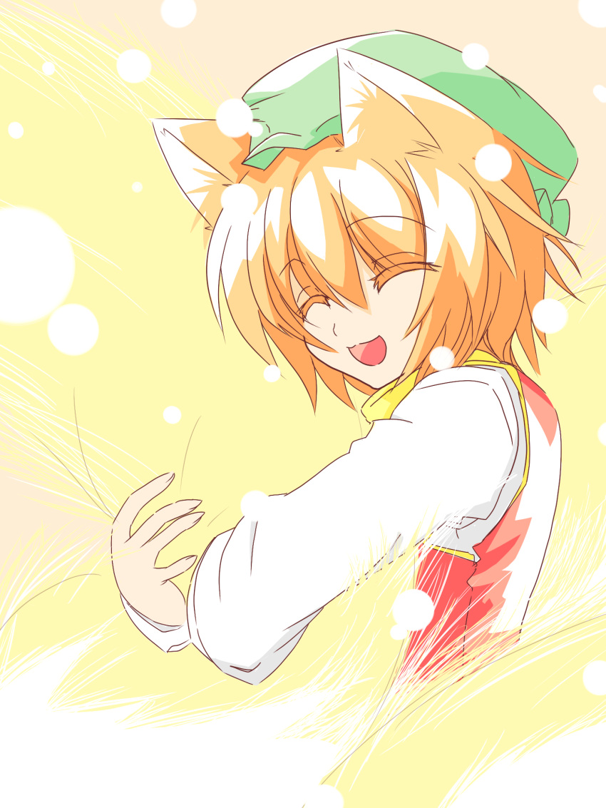 animal_ears brown_hair cat_ears chen closed_eyes eyes_closed hat highres kachoo open_mouth smile solo touhou