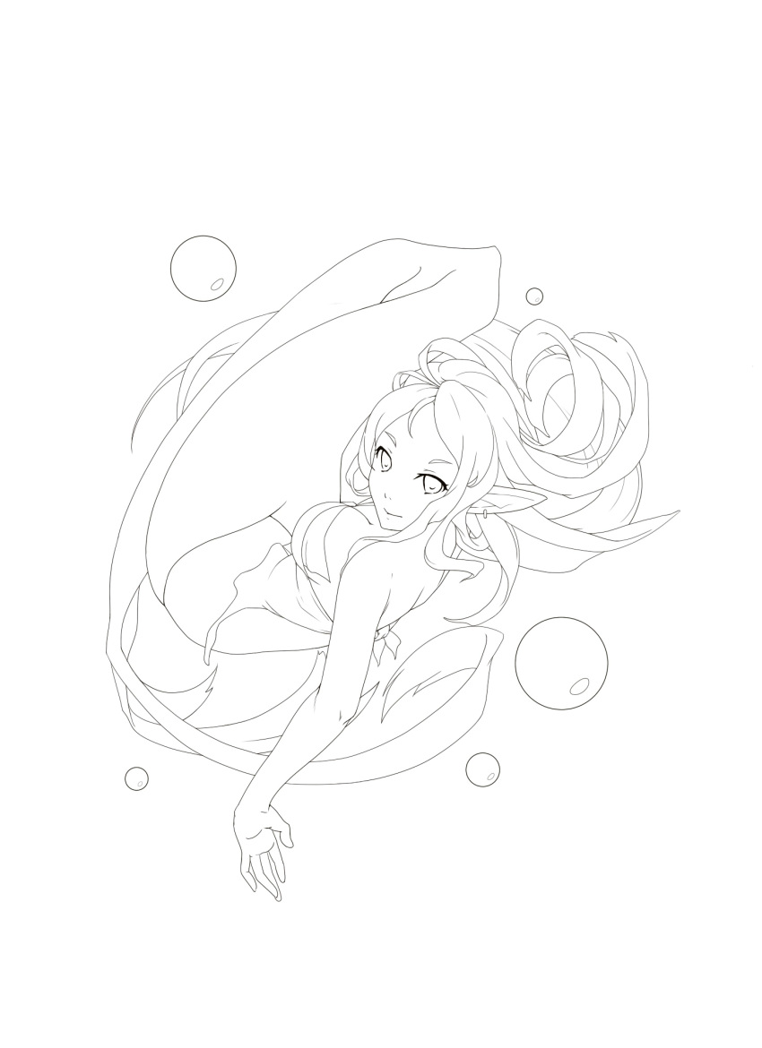 breasts bubble cleavage earrings highres iorlvm jewelry large_breasts lineart long_hair mermaid monochrome monster_girl original pointy_ears simple_background solo underwater white_background