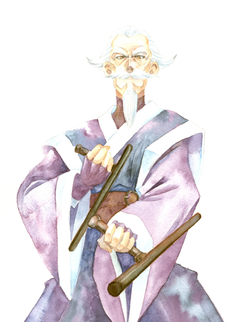 beard dual_wielding facial_hair highres japanese_clothes littlemuse male mustache okina_(rurouni_kenshin) rurouni_kenshin solo squinting tonfa traditional_media watercolor_(medium) weapon white_hair yellow_eyes