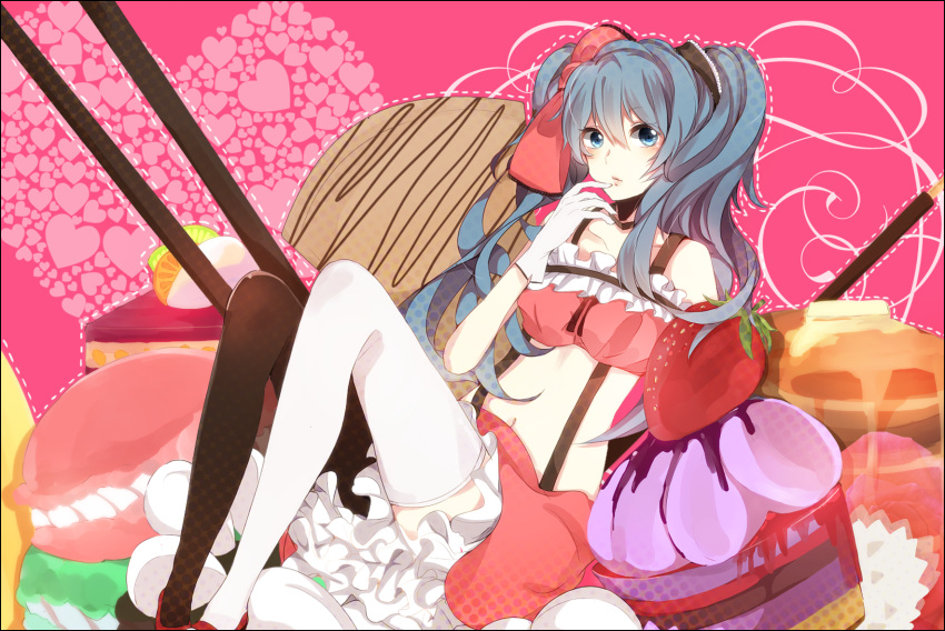 food fruit gloves hatsune_miku highres hiiro in_food long_hair looking_at_viewer navel pancake pocky sitting solo strawberry suspenders thigh-highs thighhighs vocaloid