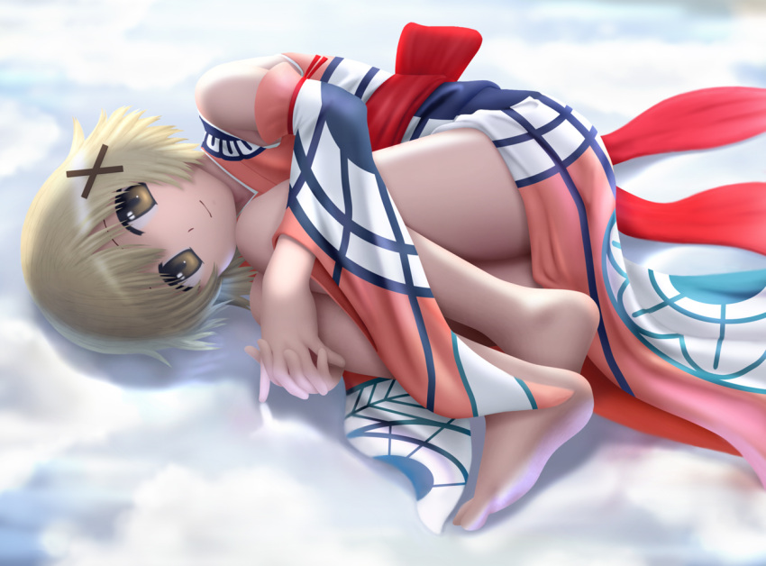 barefoot blonde_hair blush brown_eyes brown_hair detached_sleeves feet fetal_position hair_ornament hairclip hands_clasped hidamari_sketch japanese_clothes kimono looking_at_viewer on_side short_hair siraha smile snow solo yuno
