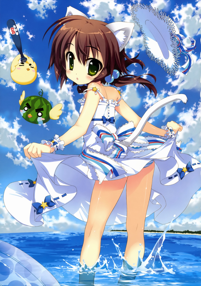 absurdres animal_ears bare_legs bare_shoulders blue_sky brown_hair cat_ears cat_tail cloudy_sky copyright_request dress dress_lift flat_chest fujima_takuya green_eyes hair_bobbles hair_ornament highres long_hair looking_back low_twintails panties pantyshot scan sky solo strap_slip striped striped_panties tail underwear wading water white_dress