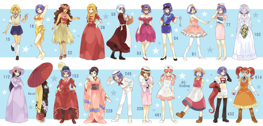anklet apron barefoot basket bikini blonde_hair blue_hair boots bouquet bow brown_hair costume_chart crossdressinging crossed_arms curly_hair dress egg fan feather_boa flower glasses gloves grass_skirt green_eyes hair_bow hat high_heels highres holding holding_poke_ball japanese_clothes jewelry joy_(pokemon) joy_(pokemon)_(cosplay) junsaa_(pokemon) junsaa_(pokemon)_(cosplay) kimono kneehighs kojirou_(pokemon) lei lineup lipstick long_hair makeup musashi_(pokemon) musashi_(pokemon)_(cosplay) necklace nurse_cap open_mouth pantyhose paper_fan parasol pink_hair poke_ball pokemon pokemon_(anime) purple_hair red_hair redhead ribbon ring rose salute sandals school_uniform shoes short_hair skirt smile star sun_hat swimsuit thigh-highs thighhighs ticket twintails umbrella usao_(313131) veil wedding_dress wig wink