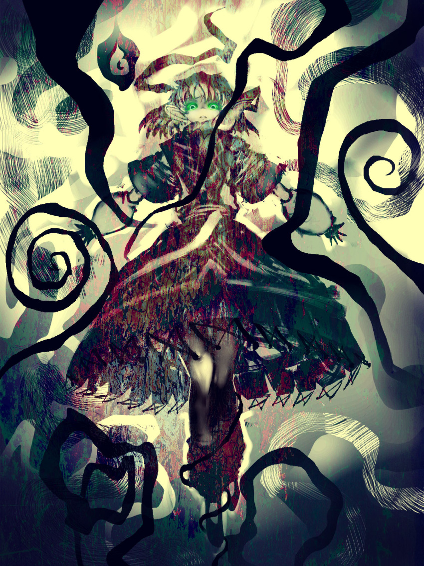 abstract annoyed arm_warmers cong1991 dress floating full_body glowing glowing_eyes green_eyes highres leg_warmers mizuhashi_parsee monochrome outstretched_arms solo spread_arms touhou