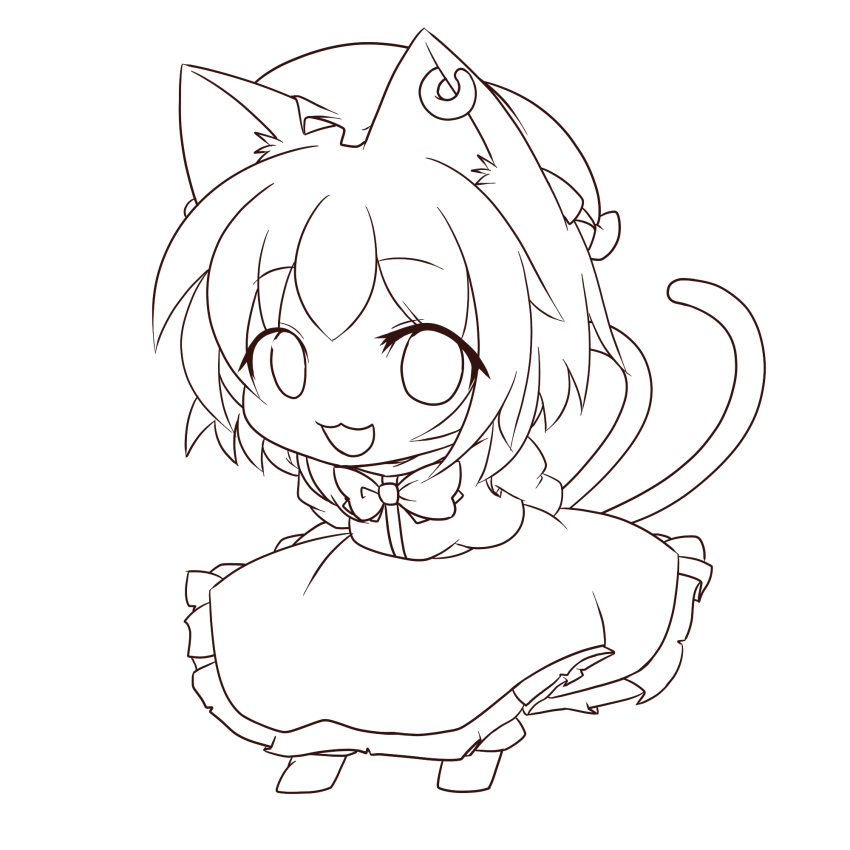 animal_ears arms_behind_back cat_ears cat_tail chen highres jewelry kachoo leaning_forward lineart looking_at_viewer monochrome multiple_tails short_hair single_earring smile solo tail touhou