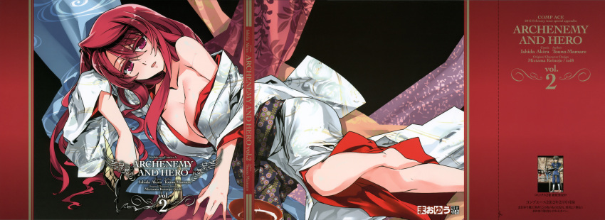absurdres breasts cleavage cover headwear_removed highres huge_breasts ishida_akira japanese_clothes kimono long_hair maou_(maoyuu) maoyuu_maou_yuusha off_shoulder red_eyes red_hair redhead scan solo