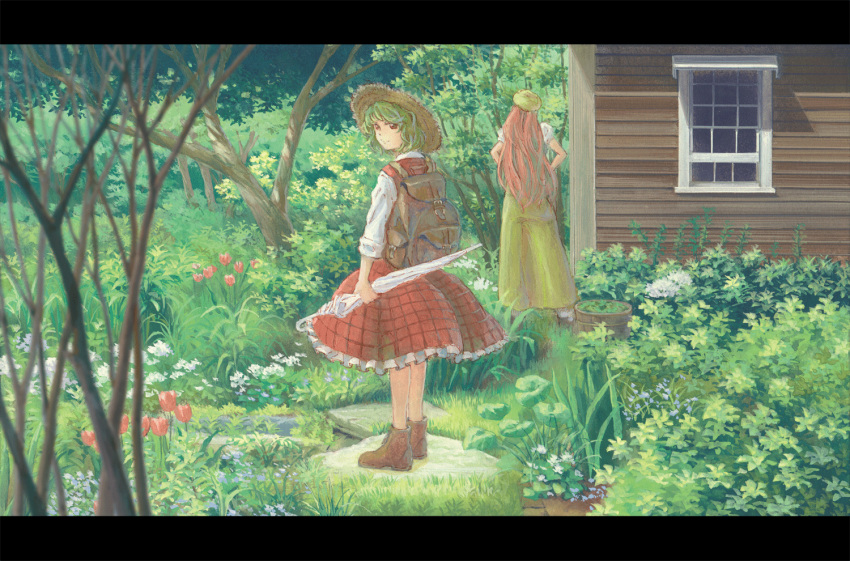 back backpack bag calligraphy_brush_(medium) dress flower garden green_dress green_hair hat highres hong_meiling house kazami_yuuka letterboxed long_hair miso_pan multiple_girls plant potted_plant puffy_sleeves red_eyes red_hair redhead shirt short_hair short_sleeves skirt straw_hat touhou traditional_media tree tulip umbrella window