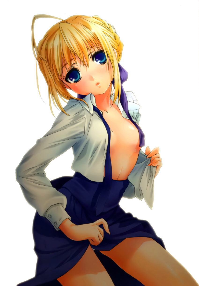 absurdres ahoge blonde_hair blue_eyes breasts censored convenient_censoring fate/stay_night fate_(series) highres lips looking_at_viewer no_bra no_legwear open_clothes open_shirt panties ribbon saber scan short_hair solo underwear undressing zekkyou zekkyou_(h9s9)