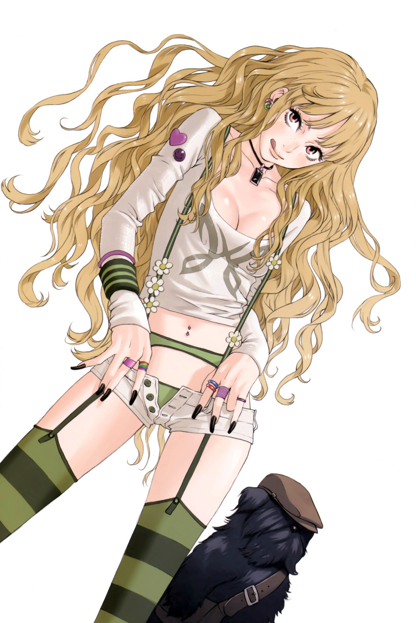 :q absurdres badge blonde_hair breasts button_badge cleavage copyright_request dog dutch_angle earrings fingernails freckles garter_straps green_panties highres jewelry kozaki_yuusuke long_fingernails long_hair nail_polish navel navel_piercing necklace panties piercing pink_eyes scan short_shorts shorts sleeves_past_wrists solo striped striped_legwear suspenders thigh-highs thighhighs tongue unbuttoned underwear