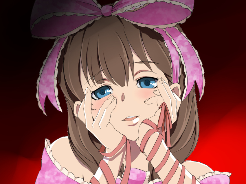 arm_ribbon bare_shoulders blue_eyes blush brown_hair face hair_ribbon hands_on_own_cheeks hands_on_own_face idolmaster idolmaster_cinderella_girls looking_at_viewer npon515 open_mouth parody ribbon sakuma_mayu short_hair smile solo yandere yandere_trance