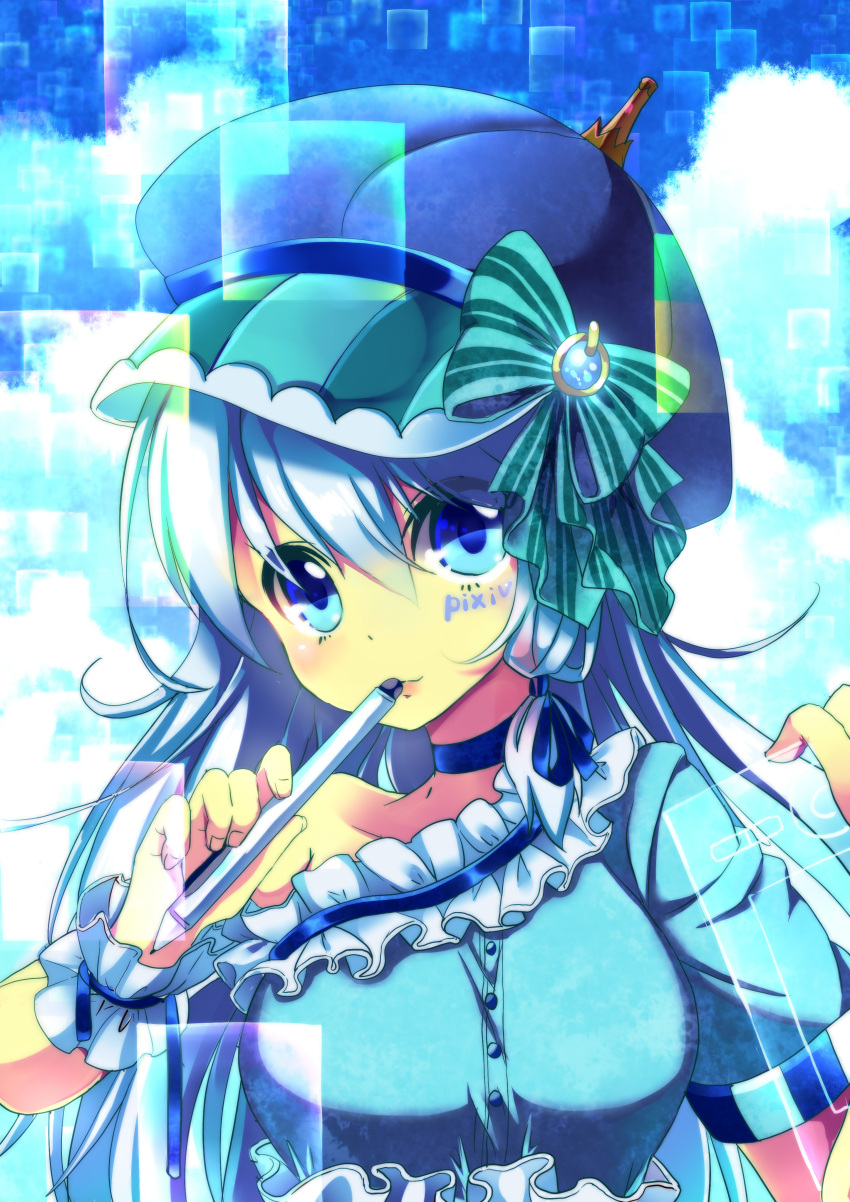 absurdres blue_eyes blue_hair bow bust character_name hat highres holding long_hair looking_at_viewer nyori off_shoulder pen pixiv pixiv-tan solo title_drop wrist_cuffs