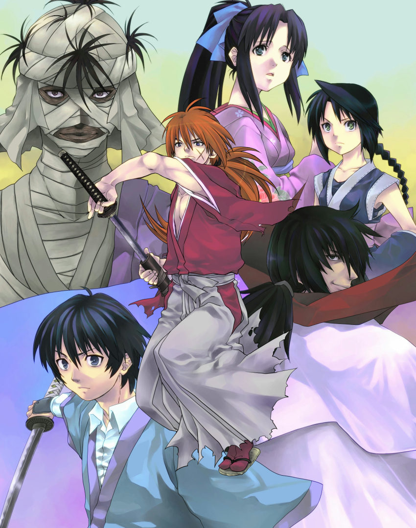 3boys bandage bandages chimurin0704 highres hiko_seijuurou himura_kenshin japanese_clothes kamiya_kaoru katana makimachi_misao multiple_boys multiple_girls red_hair redhead rurouni_kenshin scar seta_soujirou shishio_makoto sword weapon