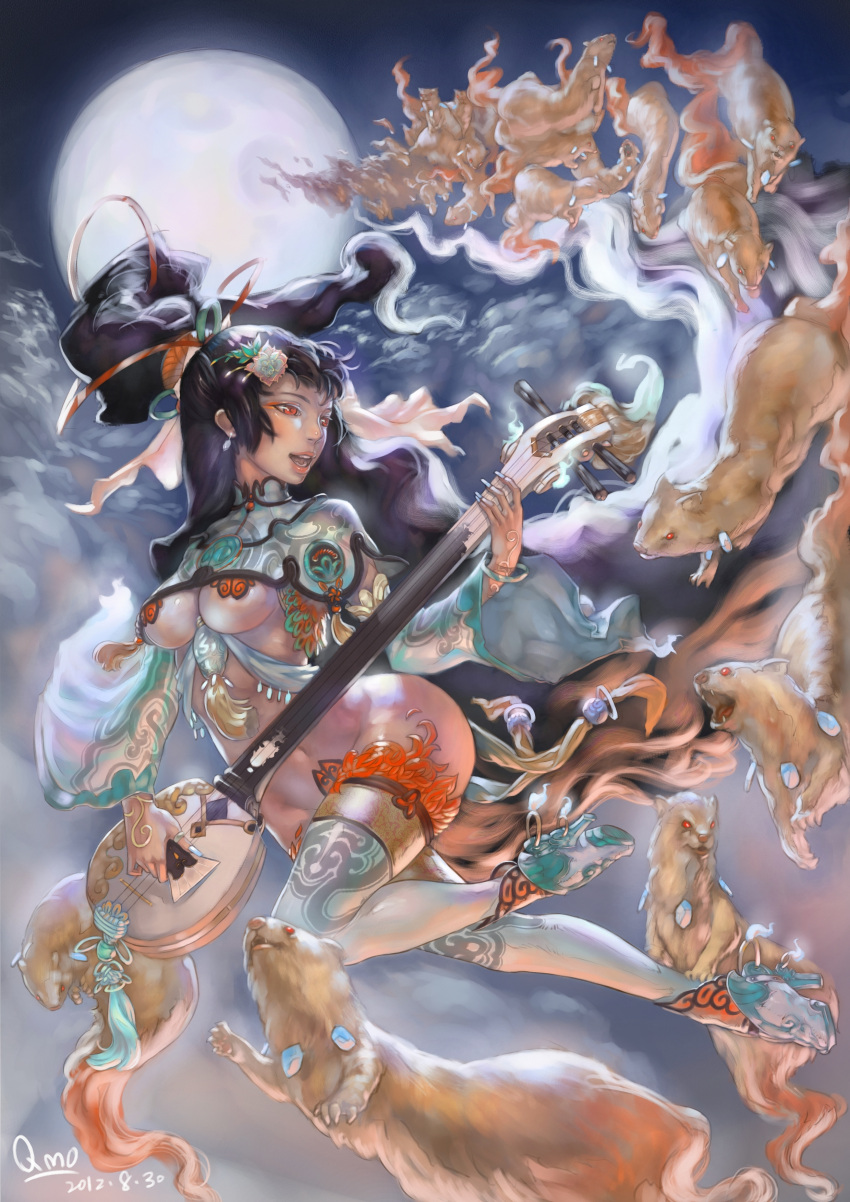 absurdres animal black_hair breasts chalsoma cleavage cloud clouds earrings full_moon hair_ornament highres instrument jewelry long_hair moon mouse open_mouth original red_eyes sky