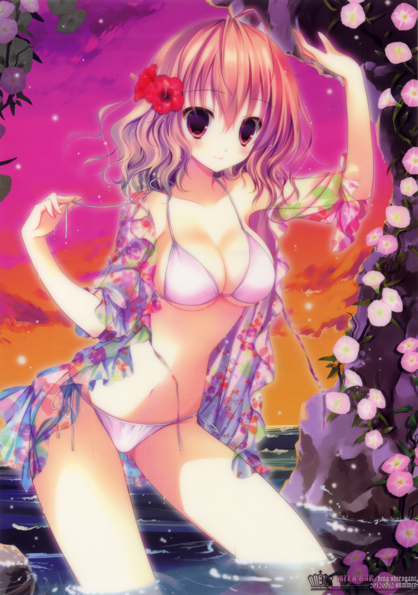 absurdres bare_shoulders bikini breasts cleavage flower hair_flower hair_ornament hibiscus highres navel pink_eyes pink_hair saigyouji_yuyuko scan see-through shirogane_hina side-tie_bikini smile solo string_bikini swimsuit touhou untying wading water wet white_bikini