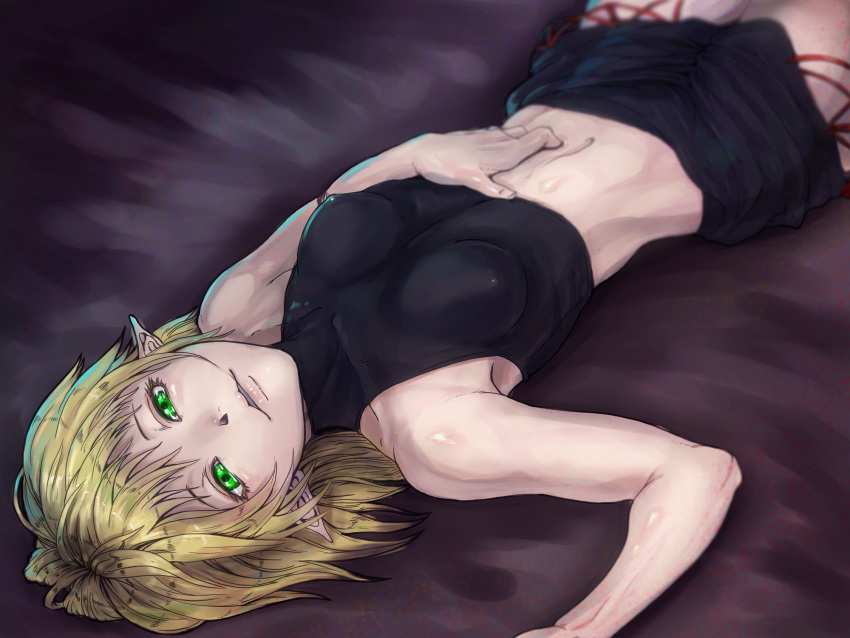 bare_shoulders baten_(gei-vorugu) blonde_hair breasts erect_nipples green_eyes hair_in_mouth highres looking_at_viewer lying midriff mizuhashi_parsee navel on_back pointy_ears short_hair skirt sleeveless sleeveless_turtleneck solo touhou turtleneck