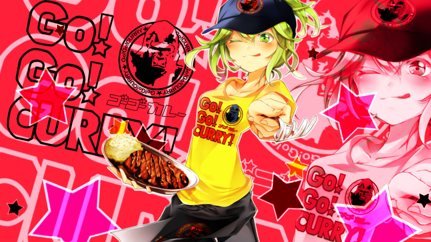 :q blonde_hair curry food foreshortening fork green_eyes green_hair gumi hat highres looking_at_viewer maclo plate short_hair smile solo tongue vocaloid wink