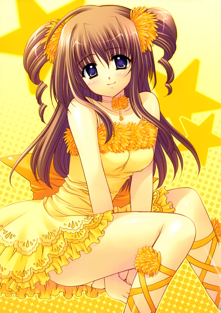 absurdres brown_hair copyright_request dress drill_hair highres lace-up_thighhighs legs nishimata_aoi panties possible_duplicate purple_eyes star twin_drills underwear violet_eyes yellow_panties
