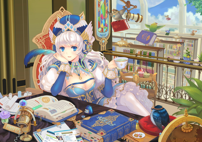 animal arm_support bird blue_eyes book bookmark bookshelf breasts candy carrying chair cleavage cloud clouds crossed_legs cup cupcake desk dress flower flower_pot globe hat headphones highres inkwell legs_crossed long_hair pillow pixiv pixiv-tan quill sitting sky stained_glass tea teacup teddy_yang telescope thigh-highs thighhighs white_hair white_legwear