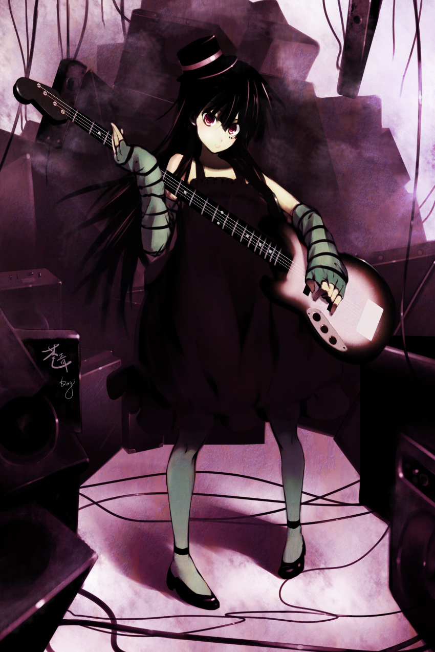 1girl akiyama_mio alternate_hairstyle black_eyes black_hair blush don't_say_"lazy" don't_say_"lazy" dress gloves hat highres hime_cut k-on! long_hair looking_at_viewer skirt solo thigh-highs thighhighs very_long_hair