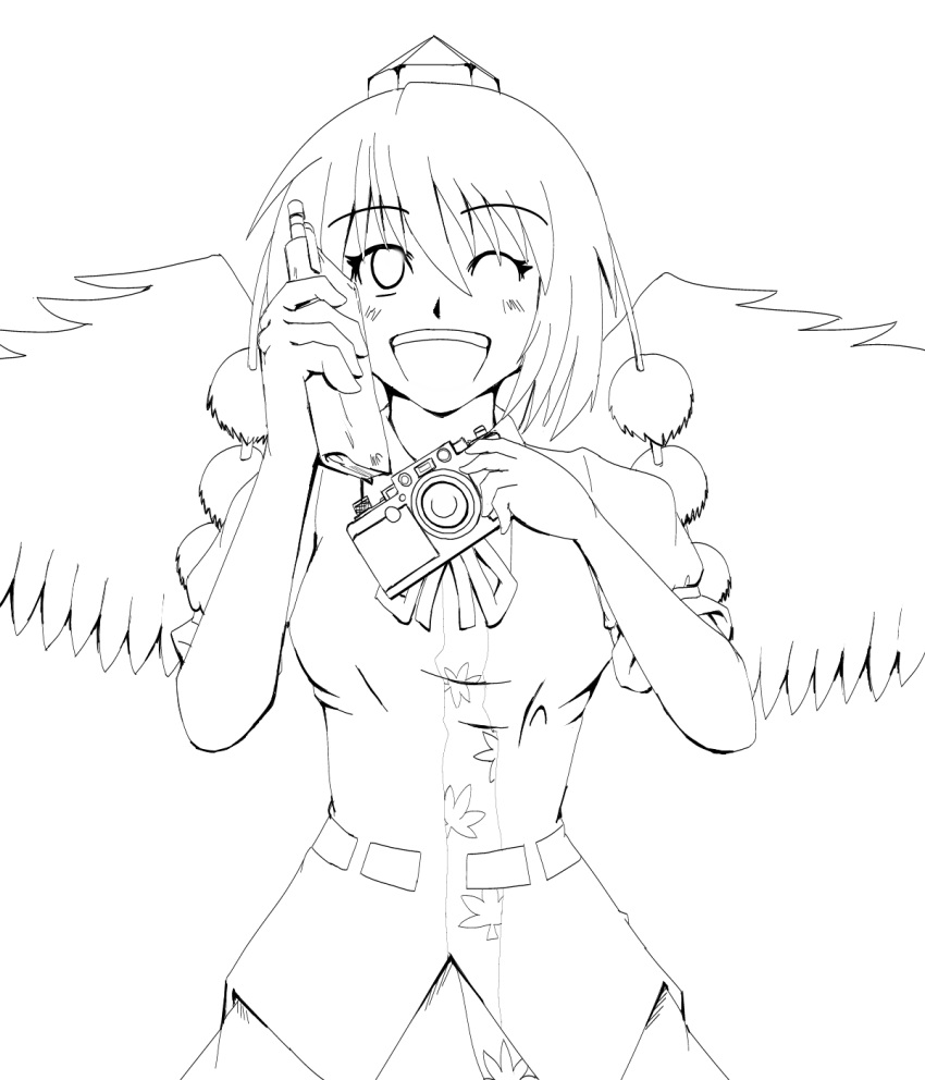 breasts camera hat highres kouno_ibuki lineart mechanical_pencil monochrome notebook open_mouth pencil shameimaru_aya short_hair smile solo tokin_hat touhou wings wink