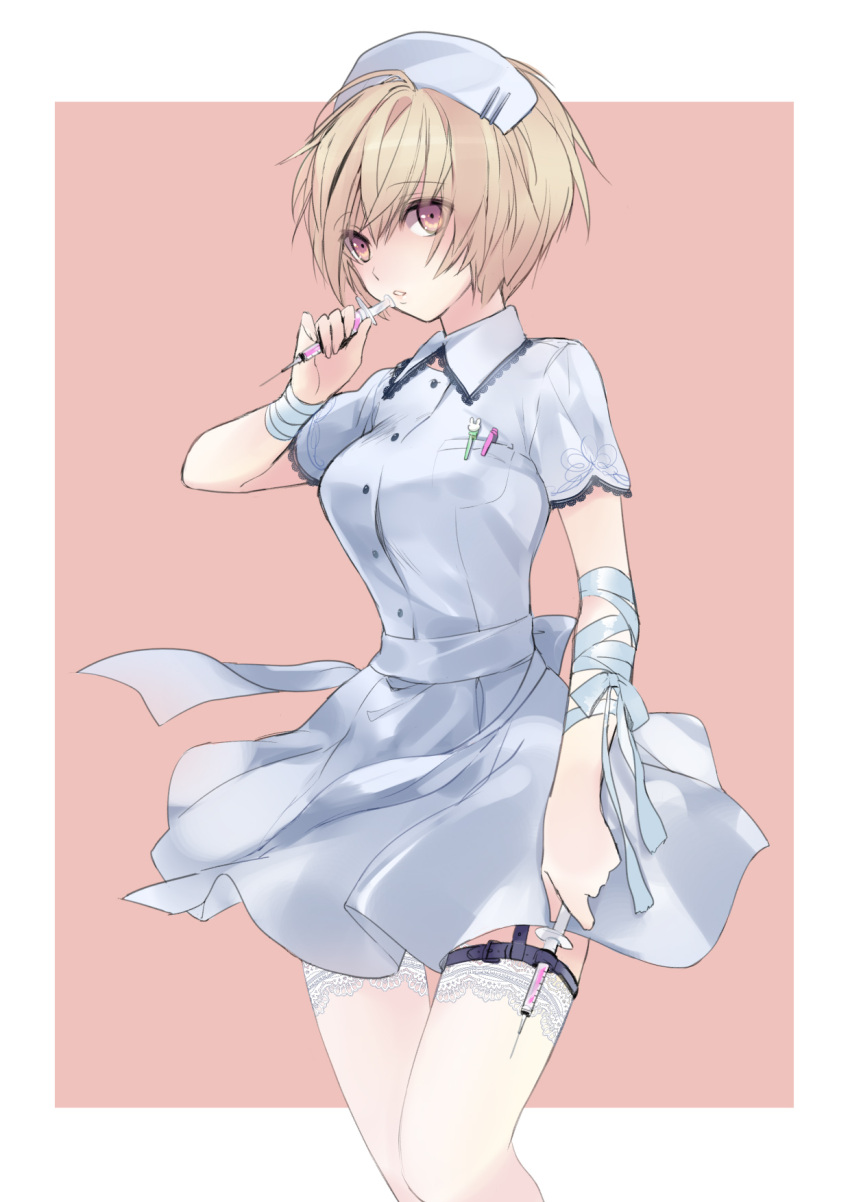 blonde_hair finger_to_mouth hat highres inko_(mini) lace lace-trimmed_thighhighs mechanical_pencil nurse_cap original pen pencil ribbon short_hair simple_background solo syringe thigh-highs thigh_strap thighhighs yellow_eyes