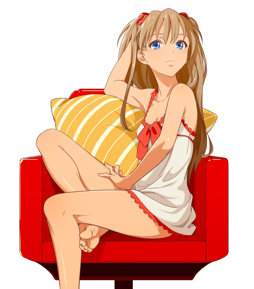 9aki bare_shoulders barefoot blue_eyes breasts brown_hair camisole cleavage evangelion:_2.0_you_can_(not)_advance feet highres long_hair looking_at_viewer neon_genesis_evangelion pillow rebuild_of_evangelion shikinami_asuka_langley solo soryu_asuka_langley souryuu_asuka_langley toenails toes