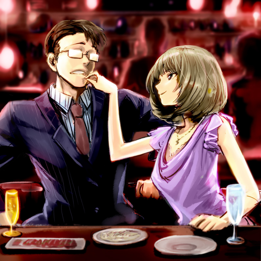 1girl blue_eyes blush breasts brown_hair clenched_teeth finger_to_mouth food formal glass highres idolmaster idolmaster_cinderella_girls jewelry necklace pinstripe_pattern pinstripe_suit plate produce producer_(idolmaster) shiba_itsuki short_hair short_sleeves smile suit table takagaki_kaede