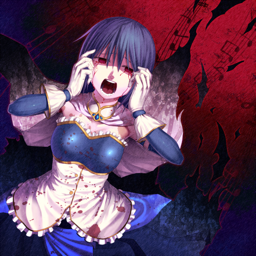 blood bloody_tears blue_hair cape frills gloves highres magical_girl mahou_shoujo_madoka_magica masa07240 miki_sayaka musical_note open_mouth pleated_skirt red_eyes short_hair skirt solo
