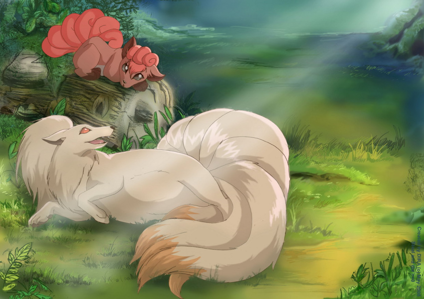boulder brown_eyes forest grass highres leaf littlepolka log looking_up lying moss nature ninetales no_humans open_mouth pokemon pokemon_(creature) pregnant red_eyes red_hair redhead rock sitting smile tail tree vulpix white_hair