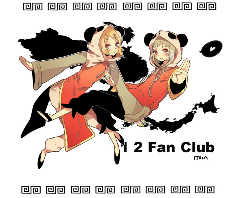 animal_hat aqua_eyes blonde_hair brown_eyes china_dress chinese_clothes green_hair gumi hair_ornament hairclip hat itsia kagamine_rin looking_at_viewer multiple_girls nail_polish open_mouth outstretched_arms panda_hat short_hair smile vocaloid wide_sleeves yie_ar_fan_club_(vocaloid)