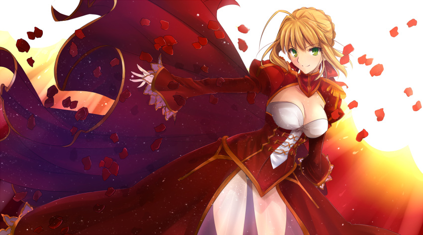 ahoge blonde_hair breasts cleavage dress epaulettes fate/extra fate/stay_night fate_(series) green_eyes hair_ribbon highres ladymarta pantsu petals red_dress ribbon rose_petals saber_extra see-through see_through smile solo thighhighs