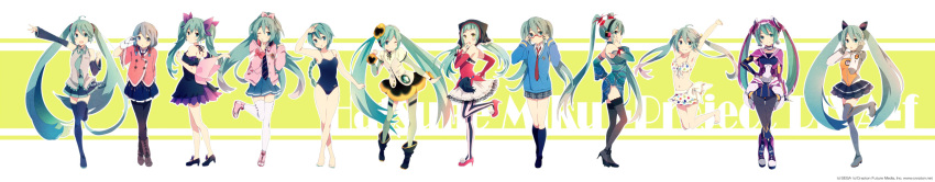 ahoge arm_up armpits bikini boots cat_food_(vocaloid) character_name crossed_legs detached_sleeves dress finger_to_mouth glasses gloves hand_on_hip hands_on_headphones hatsune_miku headphones headset high_heels highres jumping kneehighs lace lace-trimmed_thighhighs legs_crossed long_hair necktie odds_&amp;_ends_(vocaloid) one-piece_swimsuit open_mouth ousaka_nozomi outstretched_arm pantyhose polka_dot polka_dot_bikini polka_dot_swimsuit ponytail project_diva project_diva_f shoes sitting skirt smile swimsuit thigh-highs thigh_boots thighhighs twintails vertical-striped_legwear vertical_stripes very_long_hair vocaloid weekender_girl_(vocaloid) wink world's_end_dancehall_(vocaloid) world's_end_umbrella_(vocaloid)