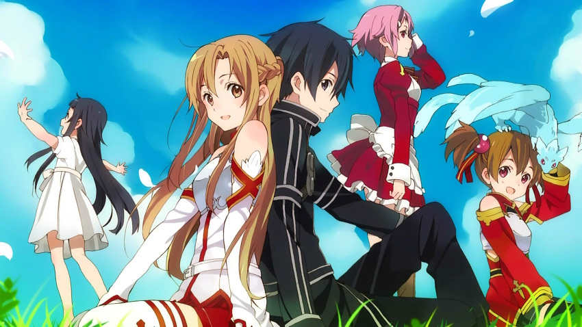 4girls :d apron artist_request asuna_(sao) back-to-back bare_shoulders belt black_hair breastplate brown_eyes brown_hair cloud clouds detached_sleeves dragon dress eyecatch frills grass hair_ornament highres horiguchi_yukiko kirito lisbeth long_hair multiple_girls open_mouth petals pina_(sao) pink_hair puffy_sleeves red_eyes screencap short_hair short_twintails silica sitting skirt sky smile sword_art_online thigh-highs thighhighs twintails yui_(sao)