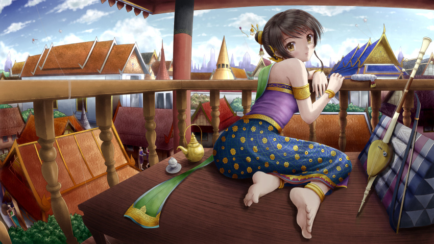 anklet armlet balcony bangle barefoot blush bracelet brown_hair cityscape feet hair_bun hair_ornament highres ilolamai instrument jewelry looking_back music_instrument original skirt soles taiwan tea thailand toes traditional_clothes yellow_eyes