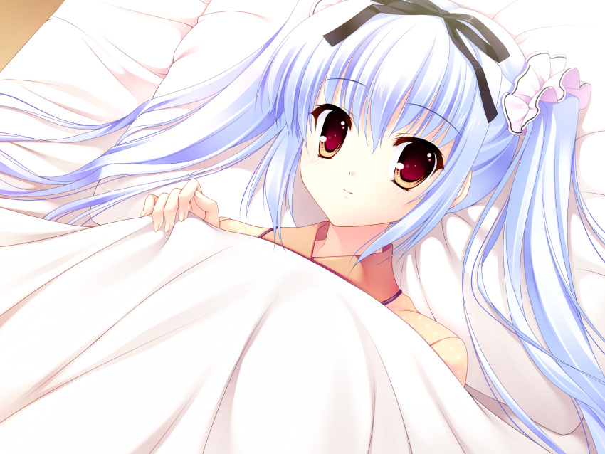 bed brown_eyes game_cg kusunoki_kukune long_hair mitha nanawind pajamas twintails white_hair yuyukana