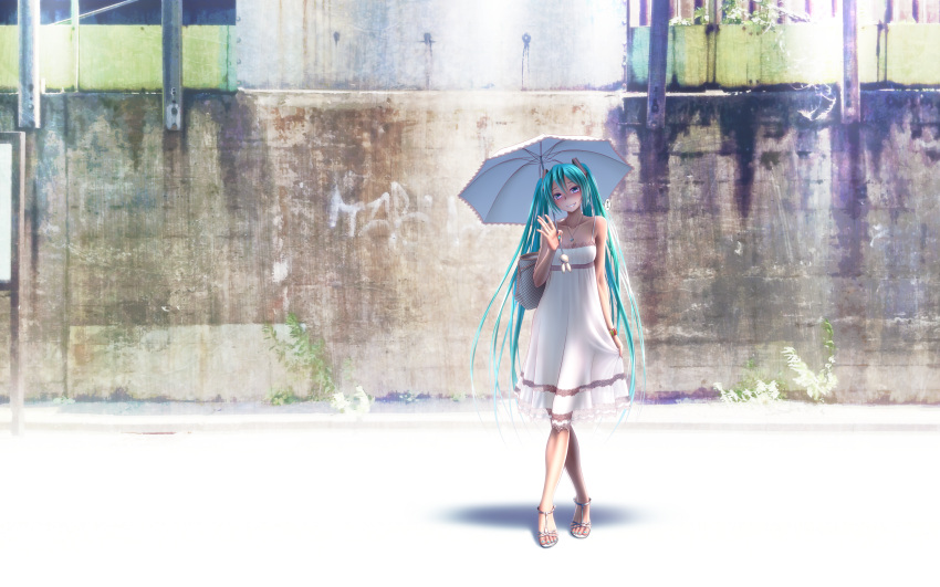 aqua_eyes aqua_hair bag bare_shoulders barefoot_sandals collarbone dress grin hatsune_miku high_heels highres holding jewelry long_hair looking_at_viewer nail_polish necklace open_shoes sandals shoes simple_background smile solo standing takouji toenail_polish twintails umbrella very_long_hair vocaloid wallpaper white_background white_dress wokada