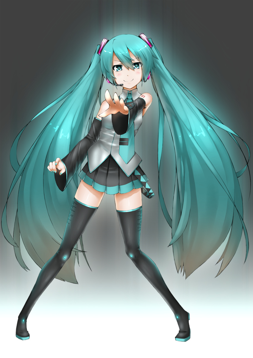 absurdres aqua_eyes aqua_hair boots detached_sleeves hatsune_miku headset highres hullzion long_hair necktie outstretched_arm skirt smile solo thigh-highs thigh_boots thighhighs twintails very_long_hair vocaloid
