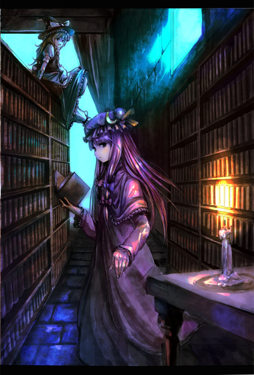 :d apron blonde_hair bloomers book bookshelf bow braid candle capelet dress gloves hat hat_bow highres holding holding_book kirisame_marisa koruse letterboxed library long_hair looking_at_viewer multiple_girls open_book open_mouth patchouli_knowledge purple_eyes purple_hair single_braid sitting smile touhou violet_eyes voile waist_apron white_gloves witch_hat