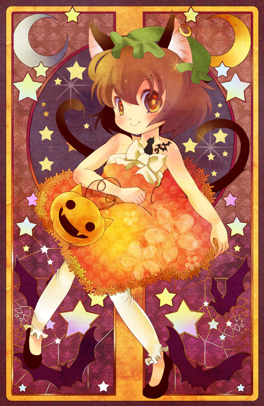alternate_costume animal_ears bare_arms bare_shoulders bat blush bow brown_eyes brown_hair card cat_ears cat_tail chen crescent dress earrings floral_print halloween hat highres jack-o'-lantern jack-o'-lantern jewelry looking_at_viewer multiple_tails pants_under_dress piercing pumpkin short_hair single_earring smile solo star strapless_dress tail takamoto_akisa tattoo touhou yellow_dress