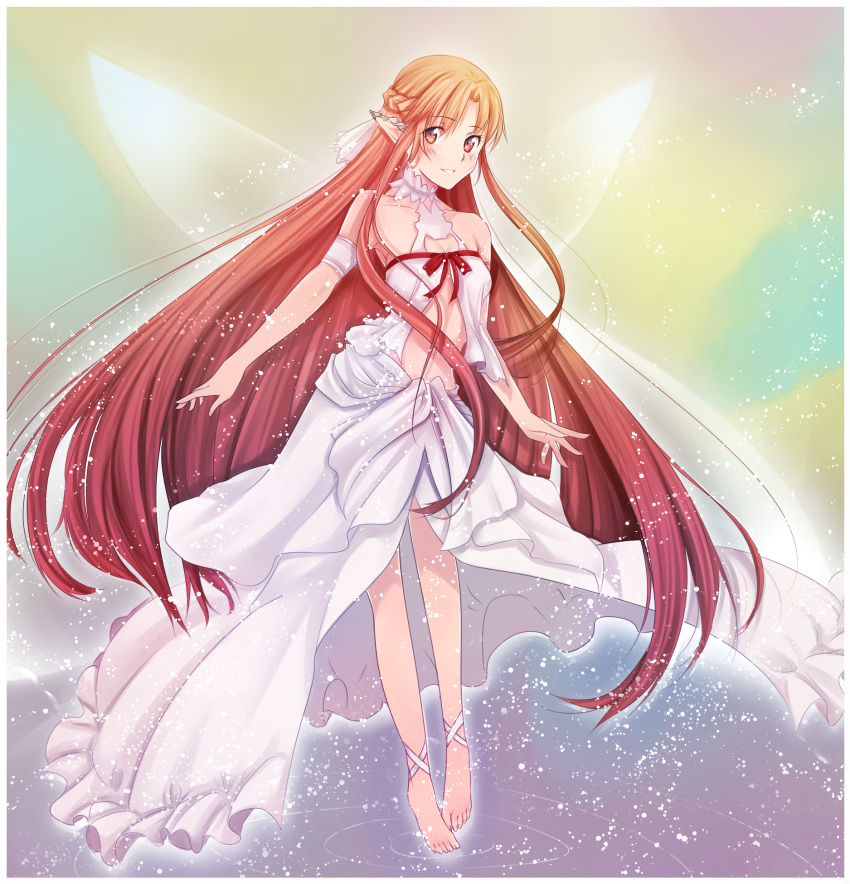 alternate_costume anklet asuna_(sao) barefoot blush breasts brown_eyes brown_hair cleavage dress ear_covers elf fairy_wings frills full_body highres jewelry ladymarta long_hair navel pointy_ears smile solo sword_art_online titania_(sao) very_long_hair wings