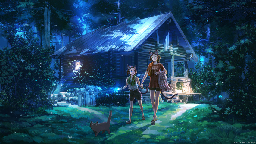 age_difference ahoge animal_ears arsenixc artist_name bare_legs bike_shorts black_cat blue blue_eyes blush brown_hair butterfly cat cat_ears cat_tail catgirl collaboration flashlight flat_chest flip-flops forest grass hand_holding highres holding_hands house lantern lights long_hair midriff multiple_girls nature night open_mouth original pumpkin_pants sandals scenery shadow short_hair shorts smile sparkle t-shirt tail towel towel_on_shoulders tree tree_shade vvcephei walking wet_hair