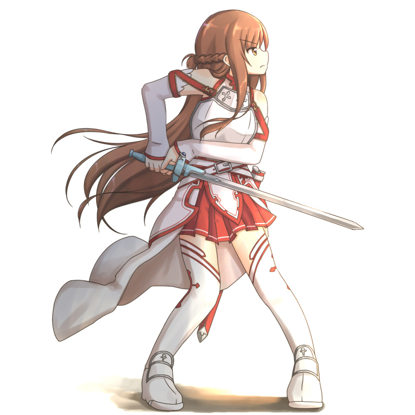 asuna_(sao) breastplate brown_eyes brown_hair detached_sleeves highres long_hair rainforce sword sword_art_online thigh-highs thighhighs weapon white_legwear